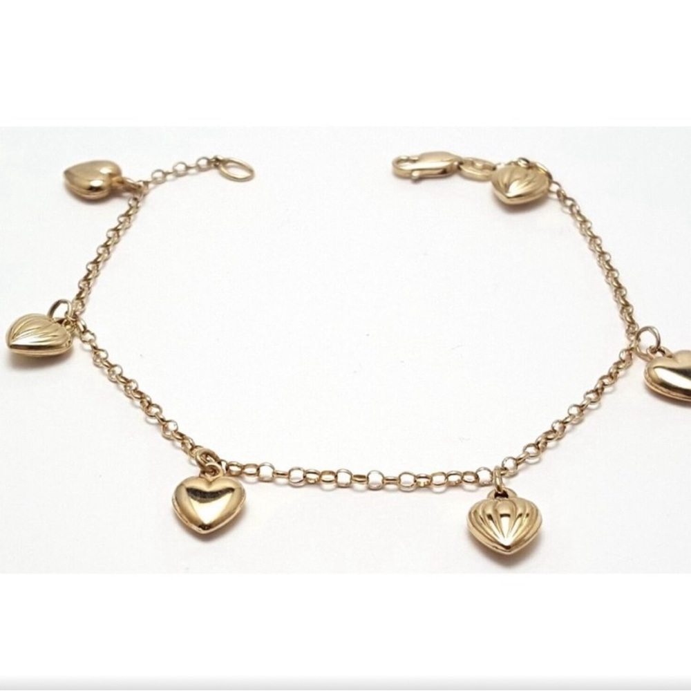 Unique 14K Solid Yellow Gold Designer Jingle Heart Charm Link Bracelet 7”- 8" L